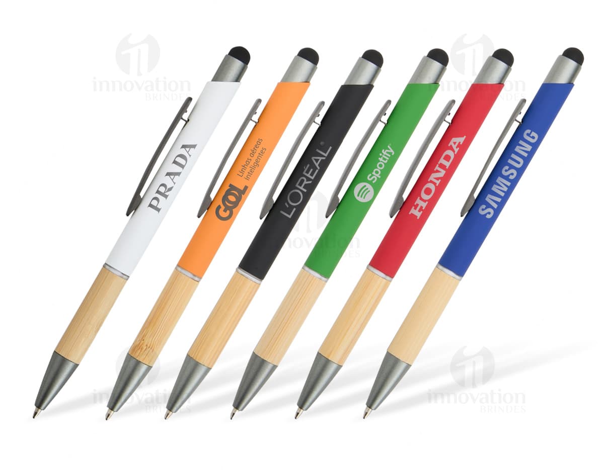 Caneta Metal Touch preta, com design elegante e ponta touch screen.