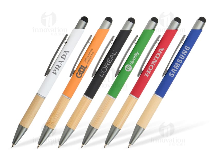 Caneta Metal Touch preta, com design elegante e ponta touch screen.
