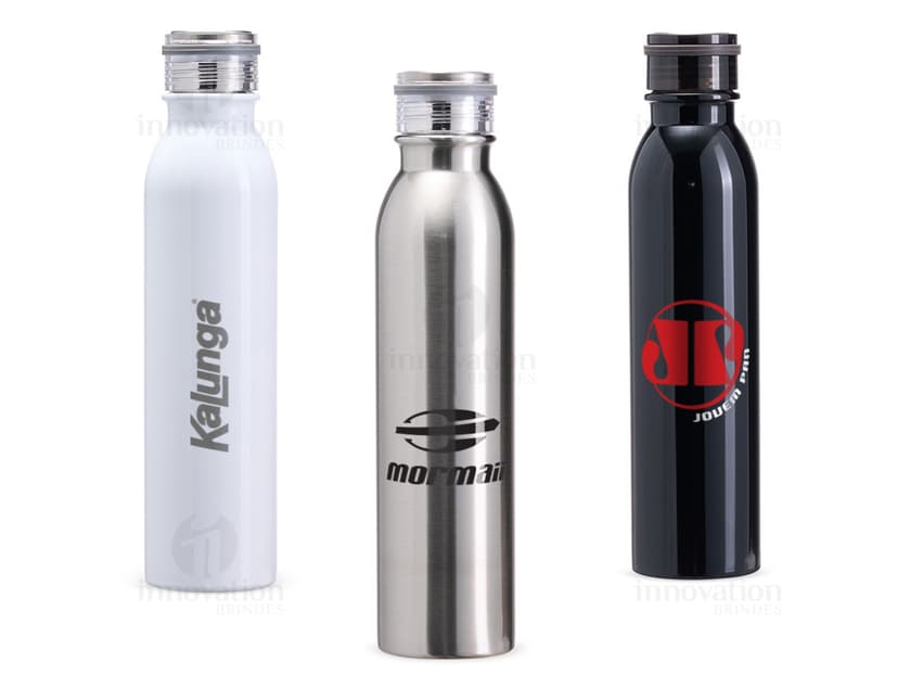 Garrafa Térmica Inox 800ml, na cor prata com tampa rosqueável e alça para transporte.