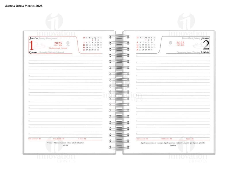 Agenda executiva em couro preto com fecho metálico e folhas de papel em branco.
