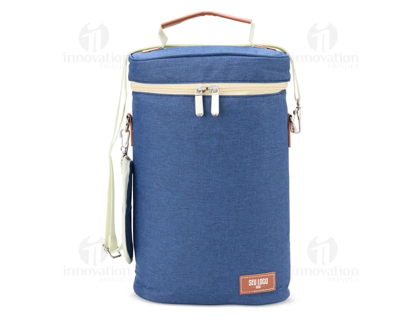 Porta-Garrafas Térmico Duplo em aço inoxidável com design elegante e alça para facilitar o transporte. Ideal para manter a temperatura de garrafas de bebidas. Disponível na cor prata.