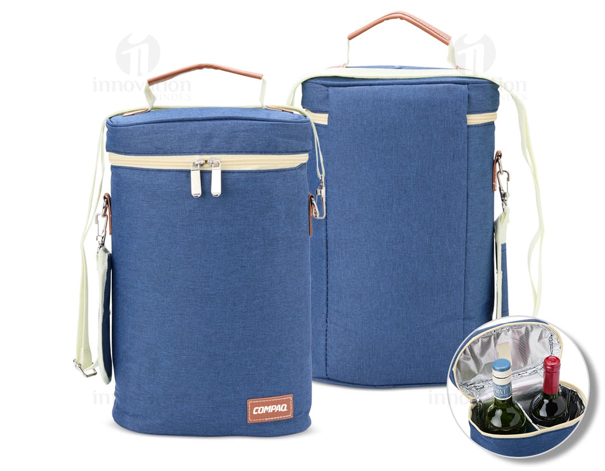 Porta-Garrafas Térmico Duplo em aço inoxidável com design elegante e alça para facilitar o transporte. Ideal para manter a temperatura de garrafas de bebidas. Disponível na cor prata.
