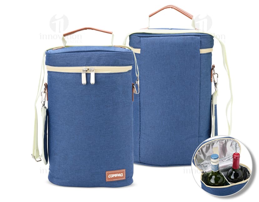 Porta-Garrafas Térmico Duplo em aço inoxidável com design elegante e alça para facilitar o transporte. Ideal para manter a temperatura de garrafas de bebidas. Disponível na cor prata.