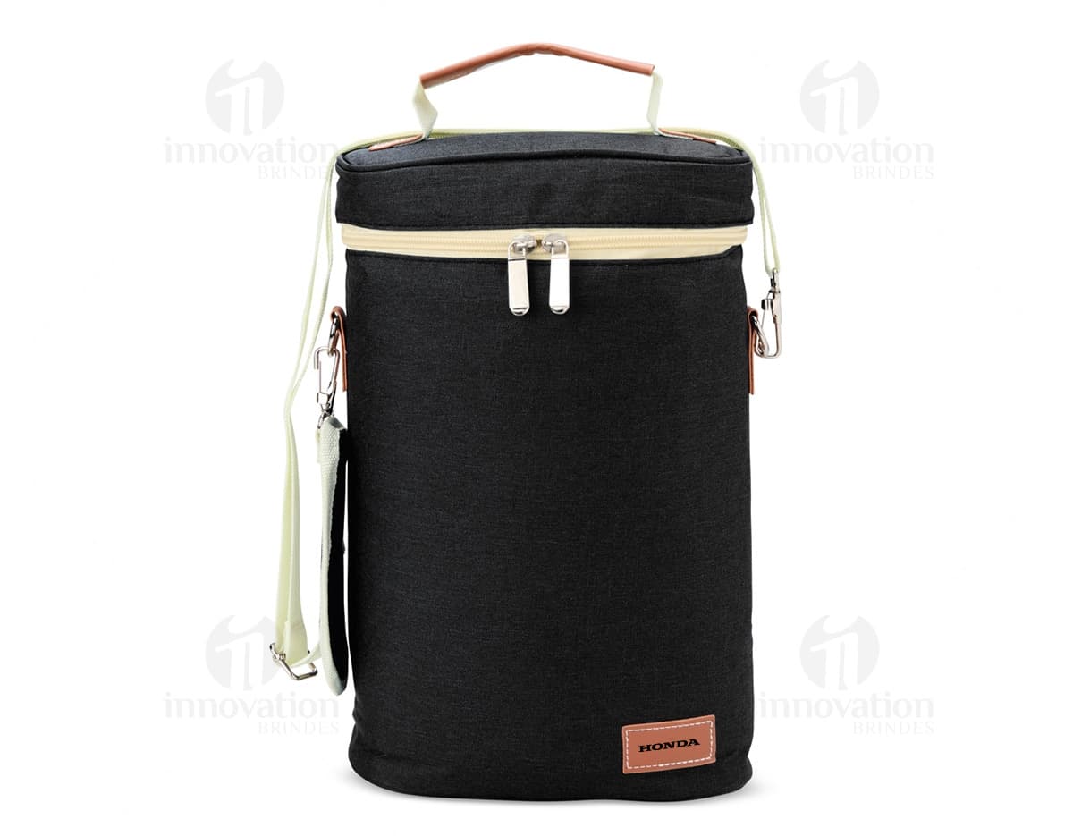 Porta-Garrafas Térmico Duplo em aço inoxidável com design elegante e alça para facilitar o transporte. Ideal para manter a temperatura de garrafas de bebidas. Disponível na cor prata.
