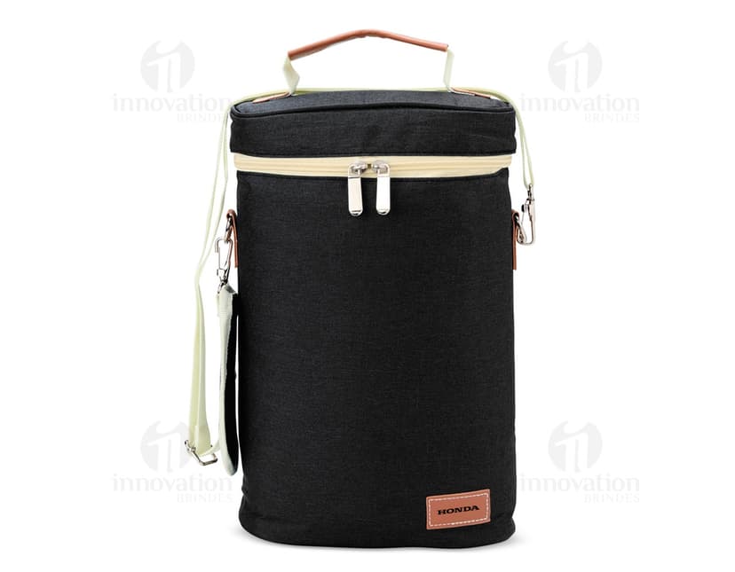 Porta-Garrafas Térmico Duplo em aço inoxidável com design elegante e alça para facilitar o transporte. Ideal para manter a temperatura de garrafas de bebidas. Disponível na cor prata.