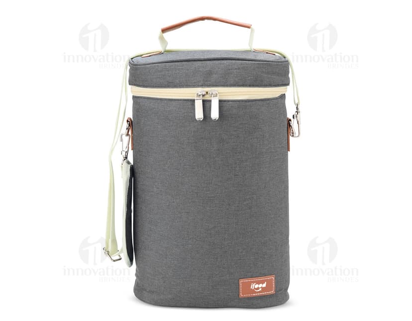Porta-Garrafas Térmico Duplo em aço inoxidável com design elegante e alça para facilitar o transporte. Ideal para manter a temperatura de garrafas de bebidas. Disponível na cor prata.
