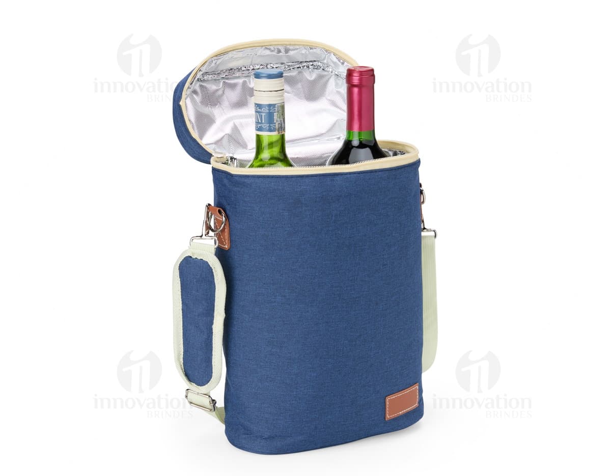 Porta-Garrafas Térmico Duplo em aço inoxidável com design elegante e alça para facilitar o transporte. Ideal para manter a temperatura de garrafas de bebidas. Disponível na cor prata.