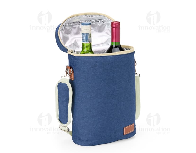 Porta-Garrafas Térmico Duplo em aço inoxidável com design elegante e alça para facilitar o transporte. Ideal para manter a temperatura de garrafas de bebidas. Disponível na cor prata.