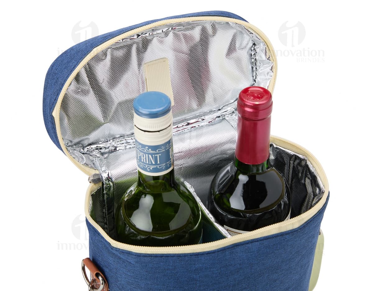Porta-Garrafas Térmico Duplo em aço inoxidável com design elegante e alça para facilitar o transporte. Ideal para manter a temperatura de garrafas de bebidas. Disponível na cor prata.