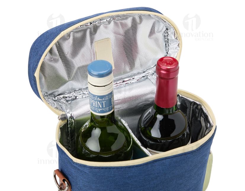 Porta-Garrafas Térmico Duplo em aço inoxidável com design elegante e alça para facilitar o transporte. Ideal para manter a temperatura de garrafas de bebidas. Disponível na cor prata.