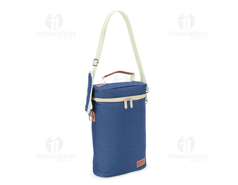 Porta-Garrafas Térmico Duplo em aço inoxidável com design elegante e alça para facilitar o transporte. Ideal para manter a temperatura de garrafas de bebidas. Disponível na cor prata.