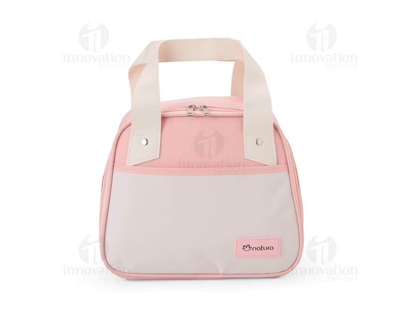 Bolsa térmica de 5 litros em tom de rosa claro, com alça ajustável e fecho em zíper.