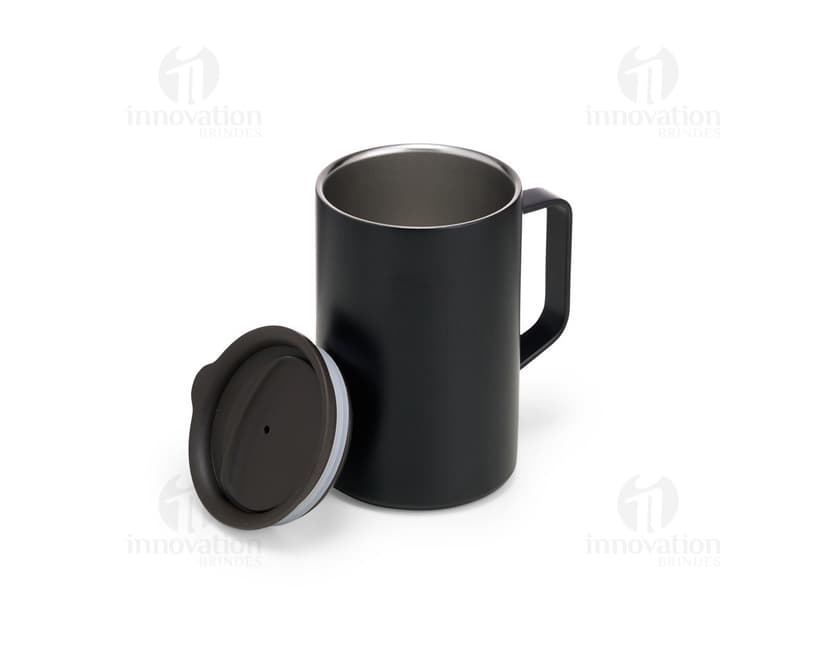 Caneca inox de parede dupla com capacidade de 350ml, ideal para manter a temperatura de bebidas.