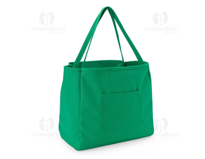 Bolsa de Lona quadriculada nas cores verde e branca, com alça de ombro e fecho de zíper na parte superior.