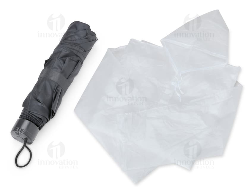 Kit chuva 2 peças contendo uma capa de chuva e uma calça, ambos na cor amarela.