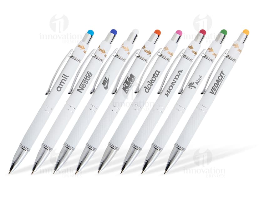 Caneta metal touch antiestresse, na cor prata, com ponta touch screen e design elegante.