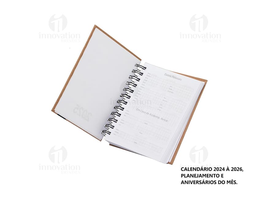 Agenda Diária 2025 com capa dura de cor azul escuro e detalhes em dourado, folhas internas brancas com espaços para notas e planejamento diário.