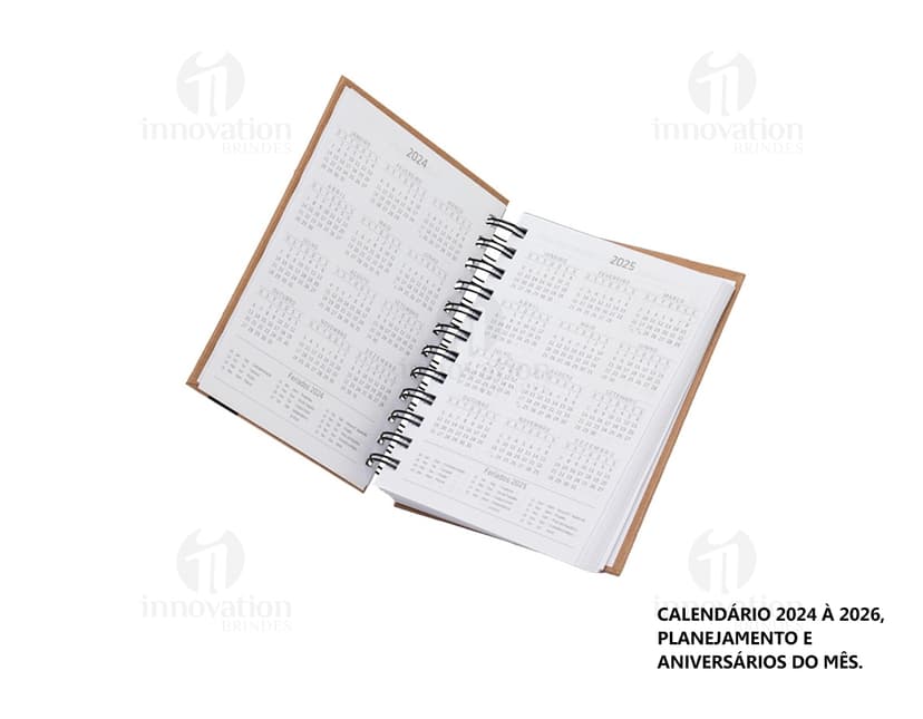 Agenda Diária 2025 com capa dura de cor azul escuro e detalhes em dourado, folhas internas brancas com espaços para notas e planejamento diário.