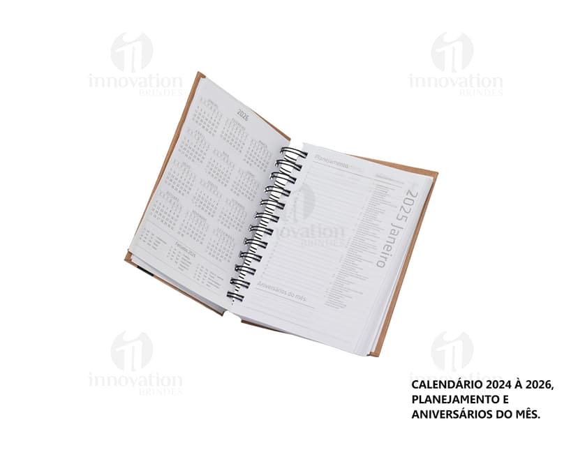 Agenda Diária 2025 com capa dura de cor azul escuro e detalhes em dourado, folhas internas brancas com espaços para notas e planejamento diário.