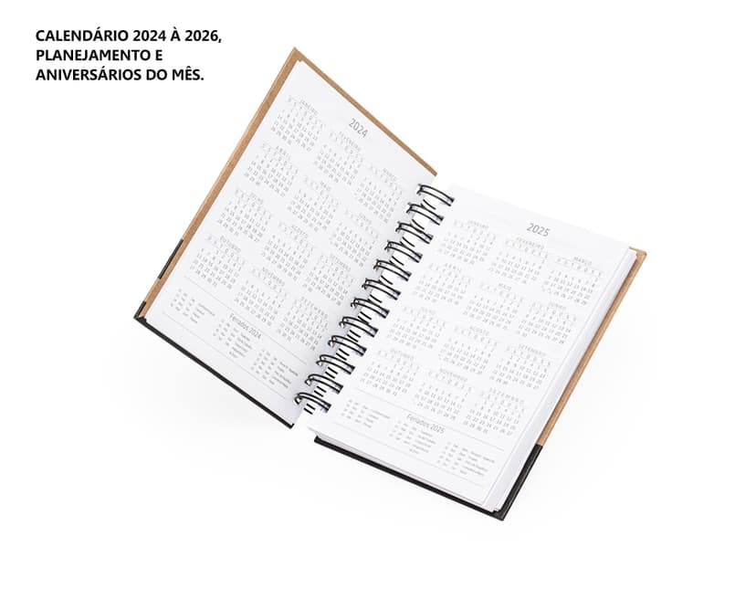 Agenda Diária 2025 com capa dura preta e páginas em papel reciclado, vista de cima em um fundo branco.