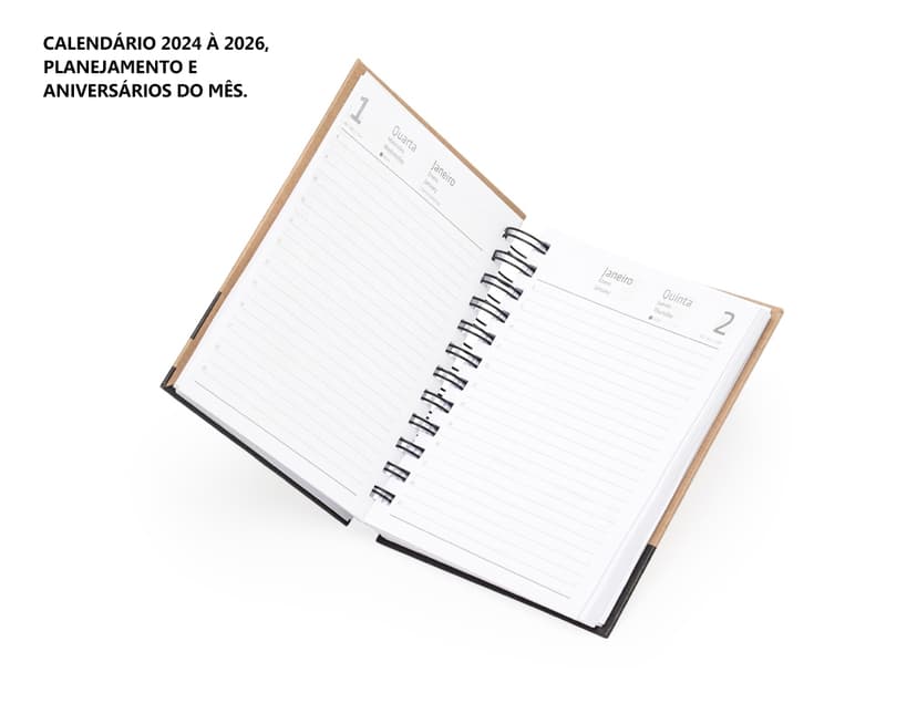 Agenda Diária 2025 com capa dura preta e páginas em papel reciclado, vista de cima em um fundo branco.