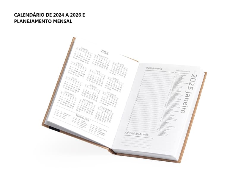 Agenda Diária 2025 com capa em couro marrom e gravura de uma árvore em dourado. Páginas internas brancas com datas e horários para organização do dia-a-dia.