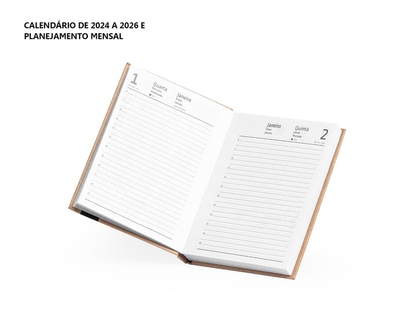 Agenda Diária 2025 com capa em couro marrom e gravura de uma árvore em dourado. Páginas internas brancas com datas e horários para organização do dia-a-dia.