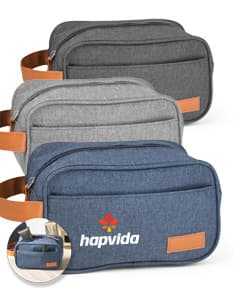 Bolsa para cosméticos de cor rosa, com zíper dourado e alça de mão.