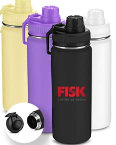 Garrafa térmica inox de 570ml, na cor prata, com tampa rosqueável e alça para transporte.