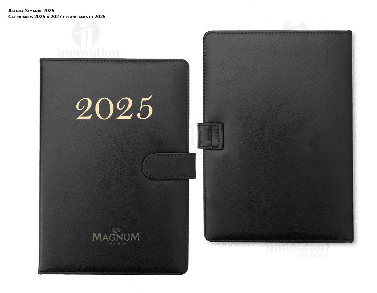 Agenda Semanal 2025 com capa de couro preto e páginas em branco para anotações diárias.