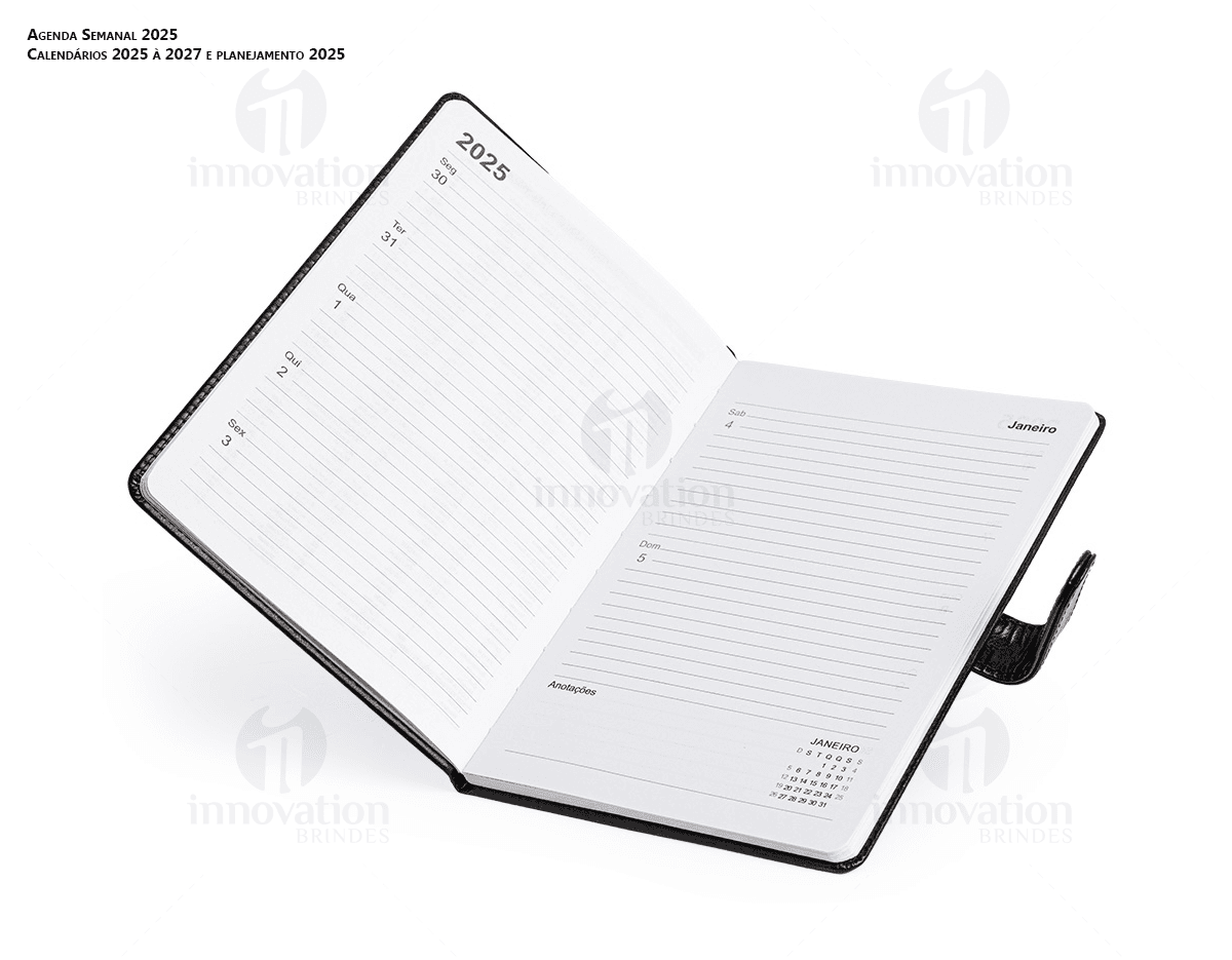 Agenda Semanal 2025 com capa de couro preto e páginas em branco para anotações diárias.