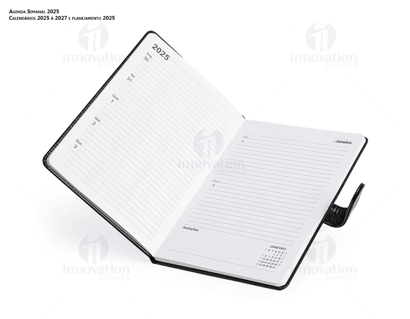 Agenda Semanal 2025 com capa de couro preto e páginas em branco para anotações diárias.