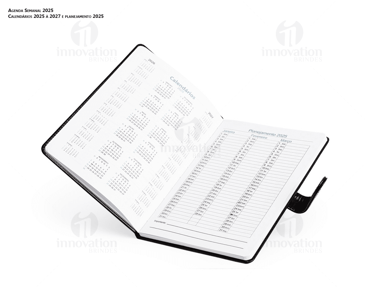 Agenda Semanal 2025 com capa de couro preto e páginas em branco para anotações diárias.
