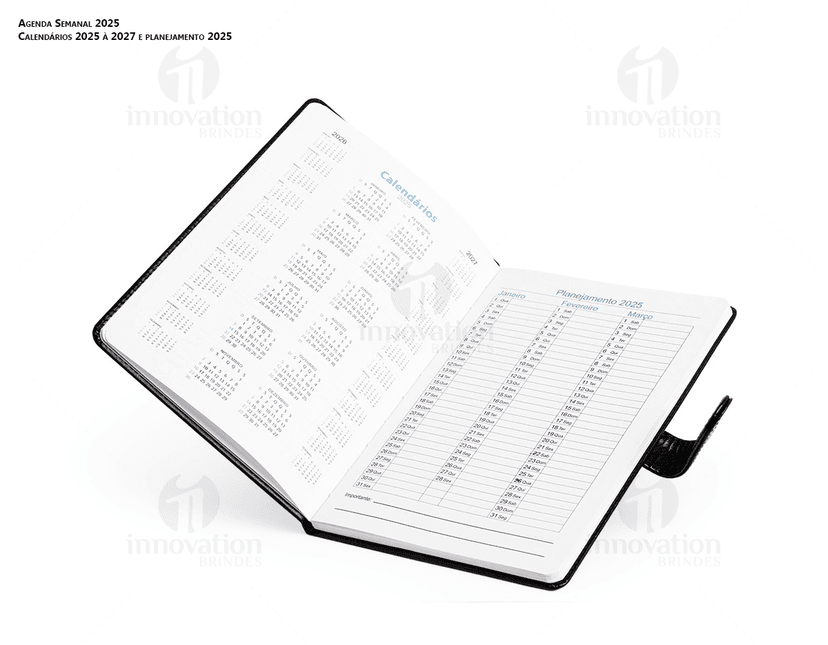 Agenda Semanal 2025 com capa de couro preto e páginas em branco para anotações diárias.