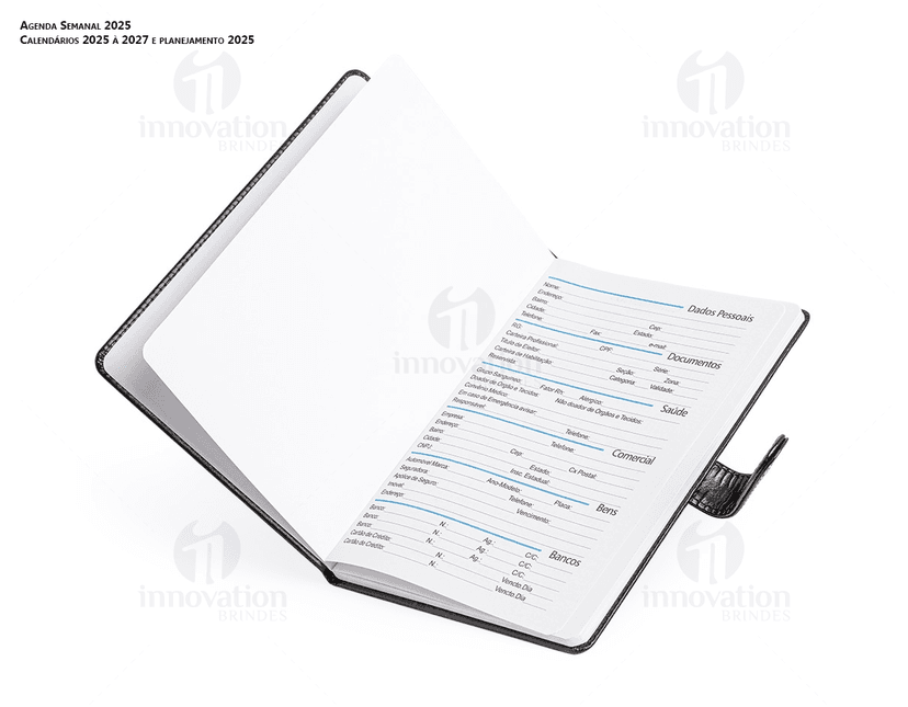 Agenda Semanal 2025 com capa de couro preto e páginas em branco para anotações diárias.