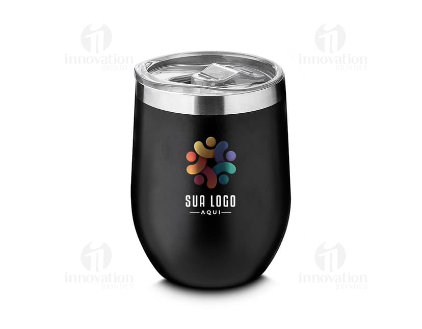 Copo térmico de 350ml na cor branca, com tampa de rosca e design moderno.