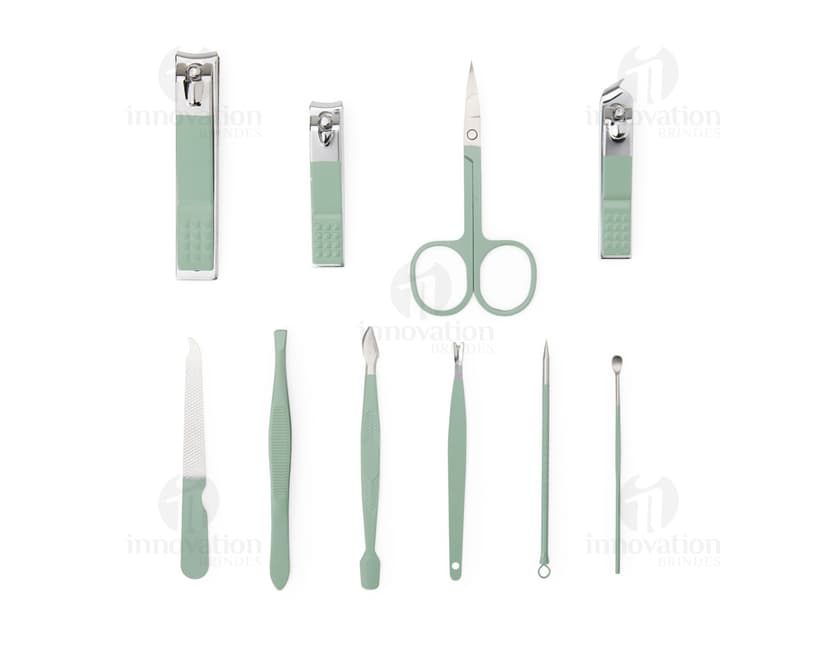 Kit Manicure 10 Peças: Conjunto contendo diversas ferramentas e utensílios para cuidados com as unhas, como tesoura, cortador de unha, empurrador de cutícula, entre outros itens.