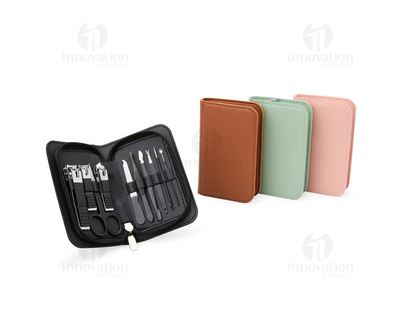 Kit Manicure 10 Peças: Conjunto contendo diversas ferramentas e utensílios para cuidados com as unhas, como tesoura, cortador de unha, empurrador de cutícula, entre outros itens.