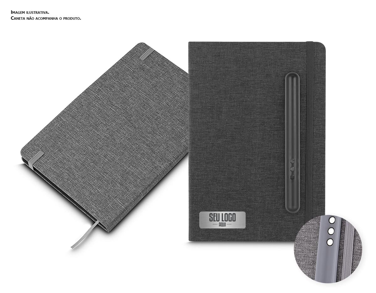 Caderno Capa em RPET preto, feito de couro, contendo dinheiro, chaves, computador, notebook, dispositivos, botões, caneta, símbolos de dinheiro e escritório.