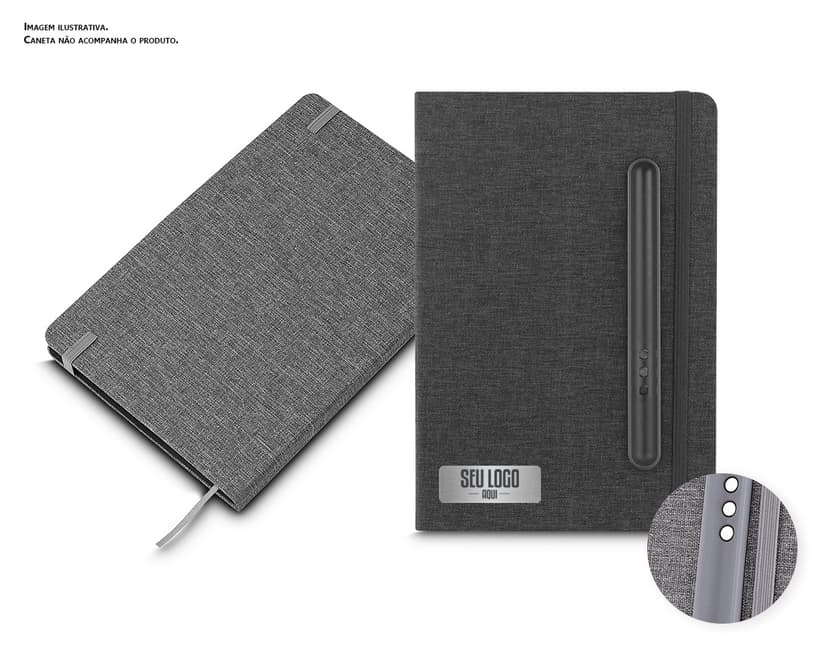 Caderno Capa em RPET preto, feito de couro, contendo dinheiro, chaves, computador, notebook, dispositivos, botões, caneta, símbolos de dinheiro e escritório.