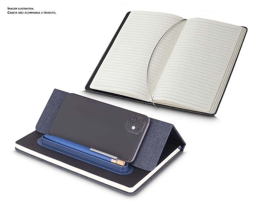 Caderno Capa em RPET preto, feito de couro, contendo dinheiro, chaves, computador, notebook, dispositivos, botões, caneta, símbolos de dinheiro e escritório.