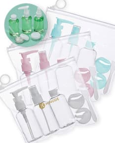 Kit Viagem 6 Peças: Conjunto de produtos para viagem, incluindo necessaire, porta-passaporte, etiquetas de bagagem, almofada e máscara para os olhos.