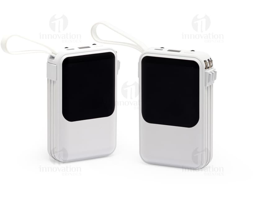 Power Bank preto com capacidade de 10.000 mAh, indicador de bateria em LED e duas portas USB para carregamento.