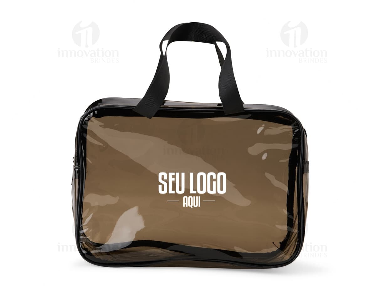 Necessaire preta com estampa de flores coloridas.