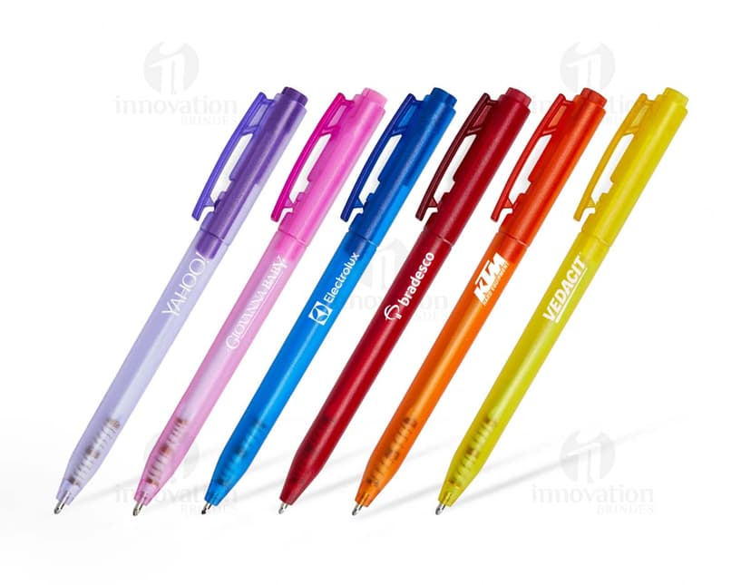 Caneta plástica colorida e vibrante, com design moderno e limpo. Perfeita para uso no escritório, escola ou em casa.