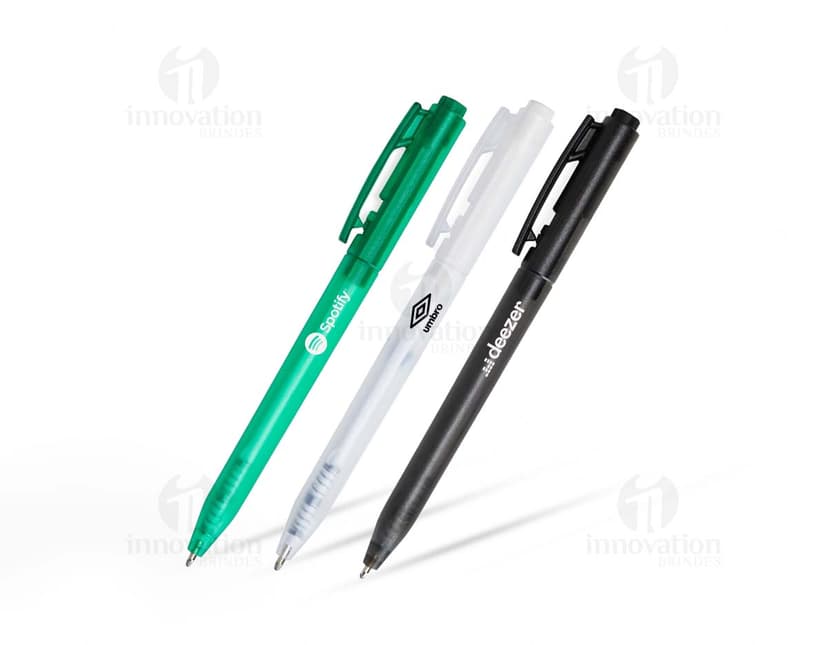 Caneta plástica colorida e vibrante, com design moderno e limpo. Perfeita para uso no escritório, escola ou em casa.