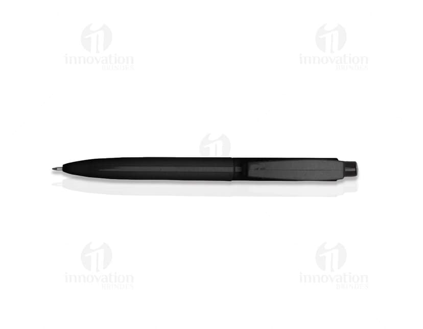 Caneta plástica preta com ponta afiada, ideal para escrever, desenhar e assinar documentos. Feita de material plástico resistente, possui tinta na cor preta e é um utensílio essencial para atividades de escritório, estudo e negócios.
