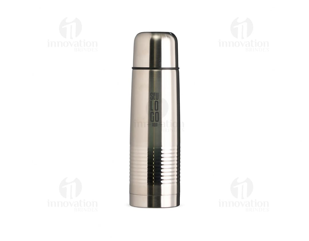 Garrafa Térmica 500ml em aço inoxidável com tampa de rosca e alça de transporte. Cor preta e design elegante.
