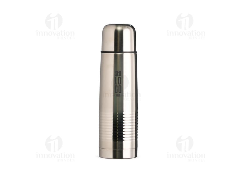 Garrafa Térmica 500ml em aço inoxidável com tampa de rosca e alça de transporte. Cor preta e design elegante.