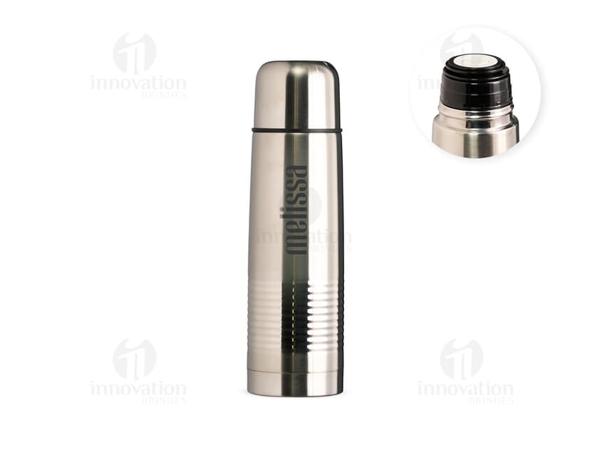 Garrafa Térmica 500ml em aço inoxidável com tampa de rosca e alça de transporte. Cor preta e design elegante.